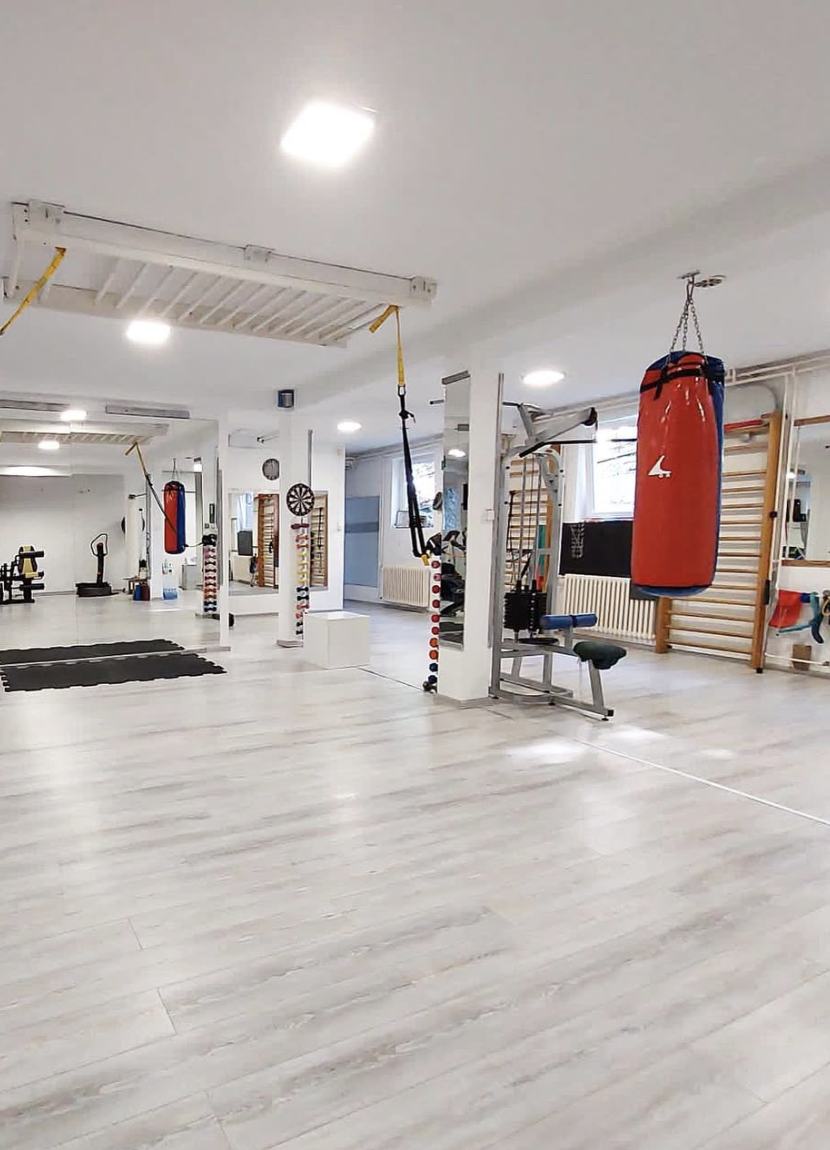 Glavna sala Unlimited Fitness Studija: svetao prostor sa džakom za boks, TRX trakama i švedskim lestvama